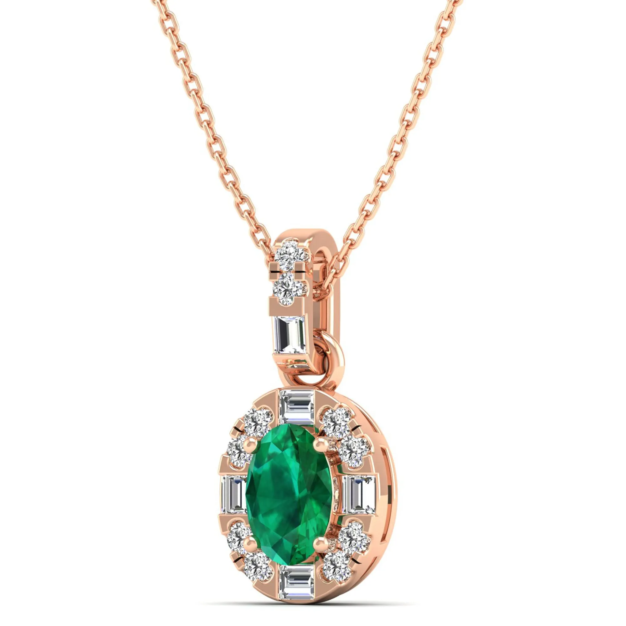 Oval Emerald Halo Baguette and Round Diamond Pendant