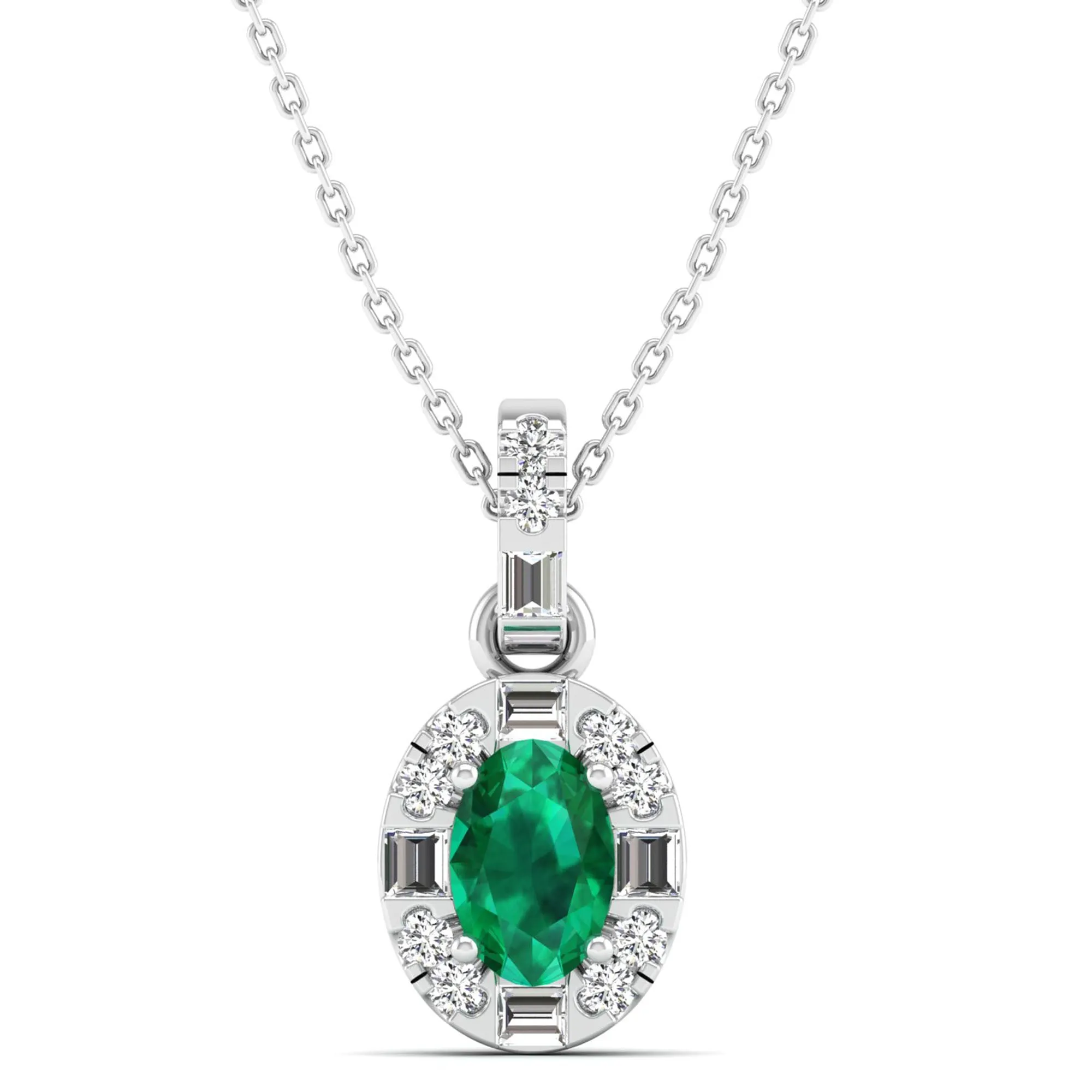Oval Emerald Halo Baguette and Round Diamond Pendant