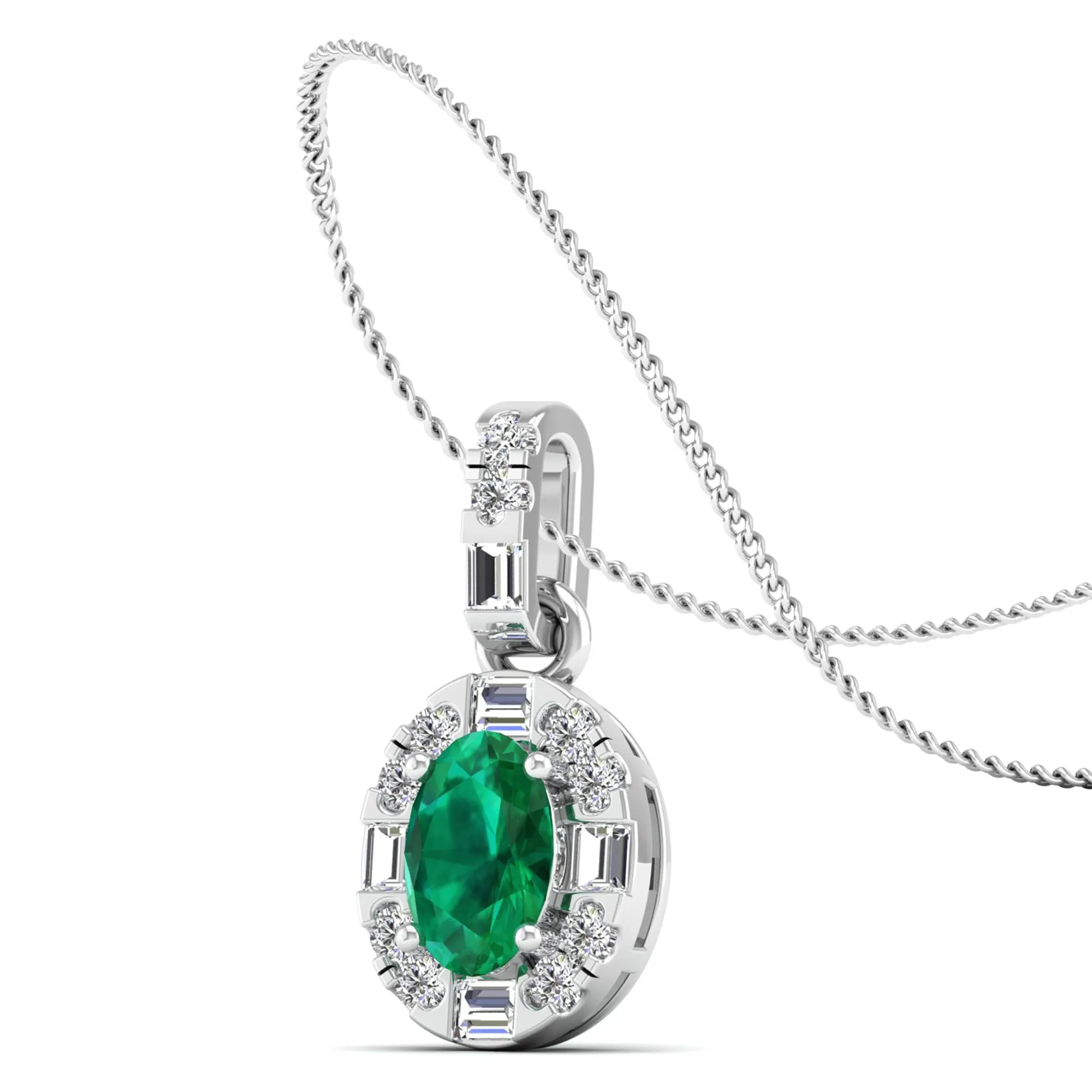 Oval Emerald Halo Baguette and Round Diamond Pendant