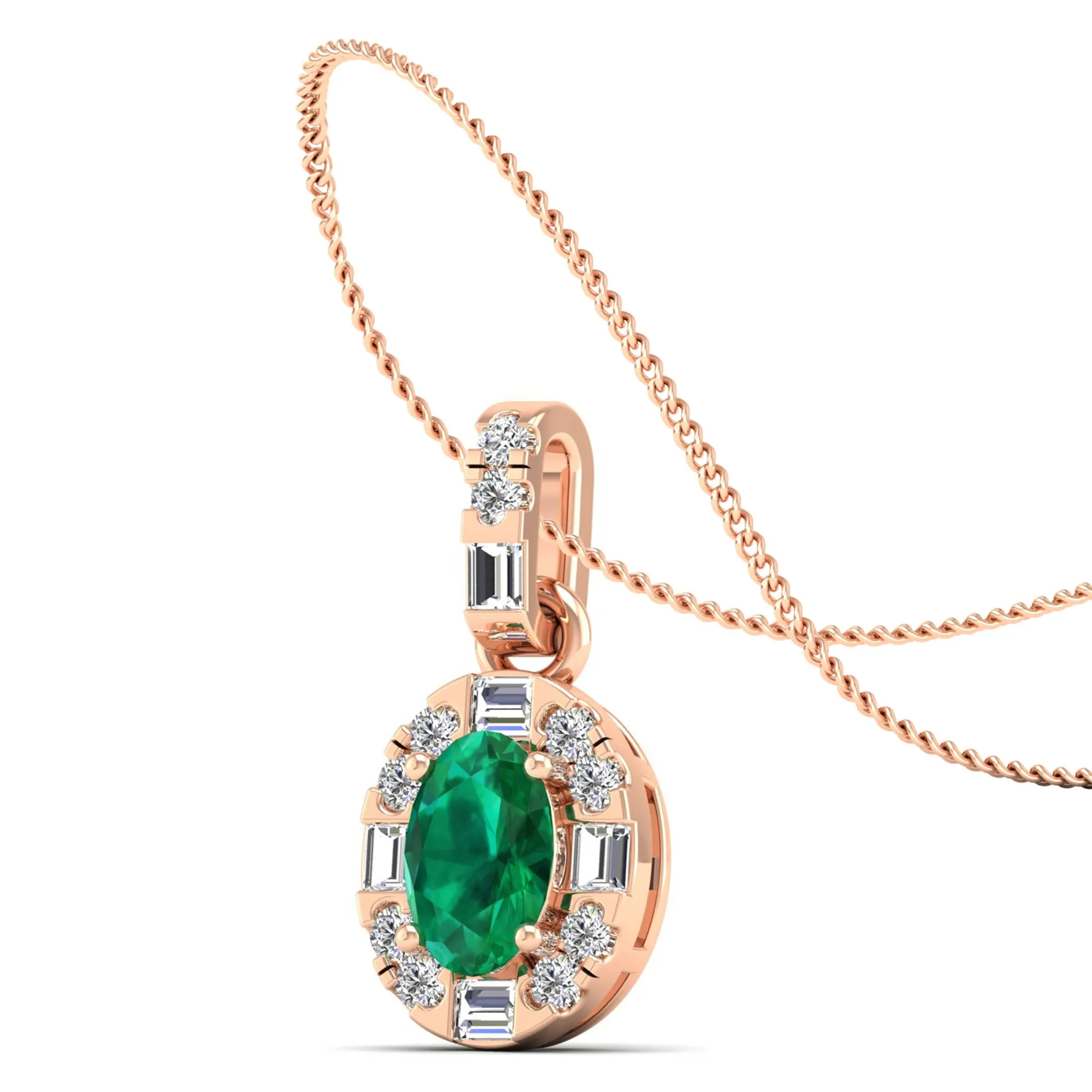 Oval Emerald Halo Baguette and Round Diamond Pendant