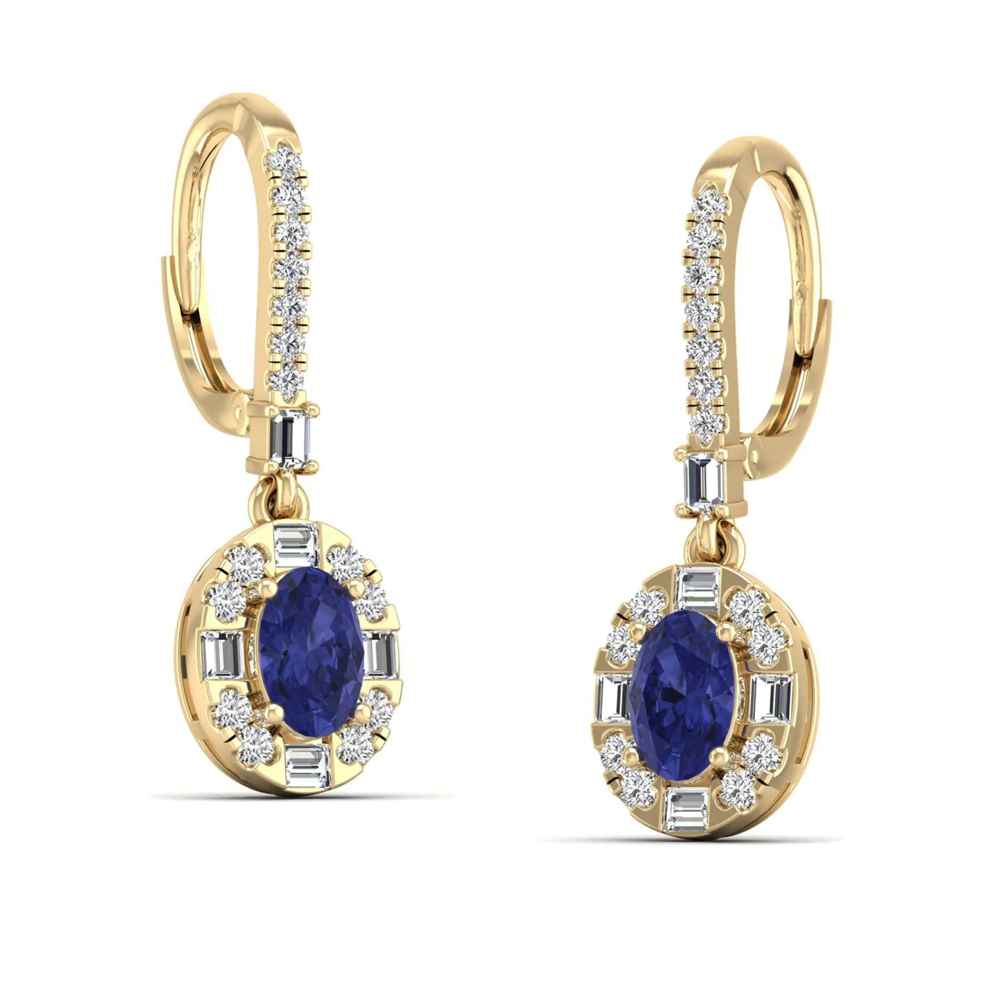 Oval Tanzanite Halo Baguette and Round Diamond Dangle Earrings