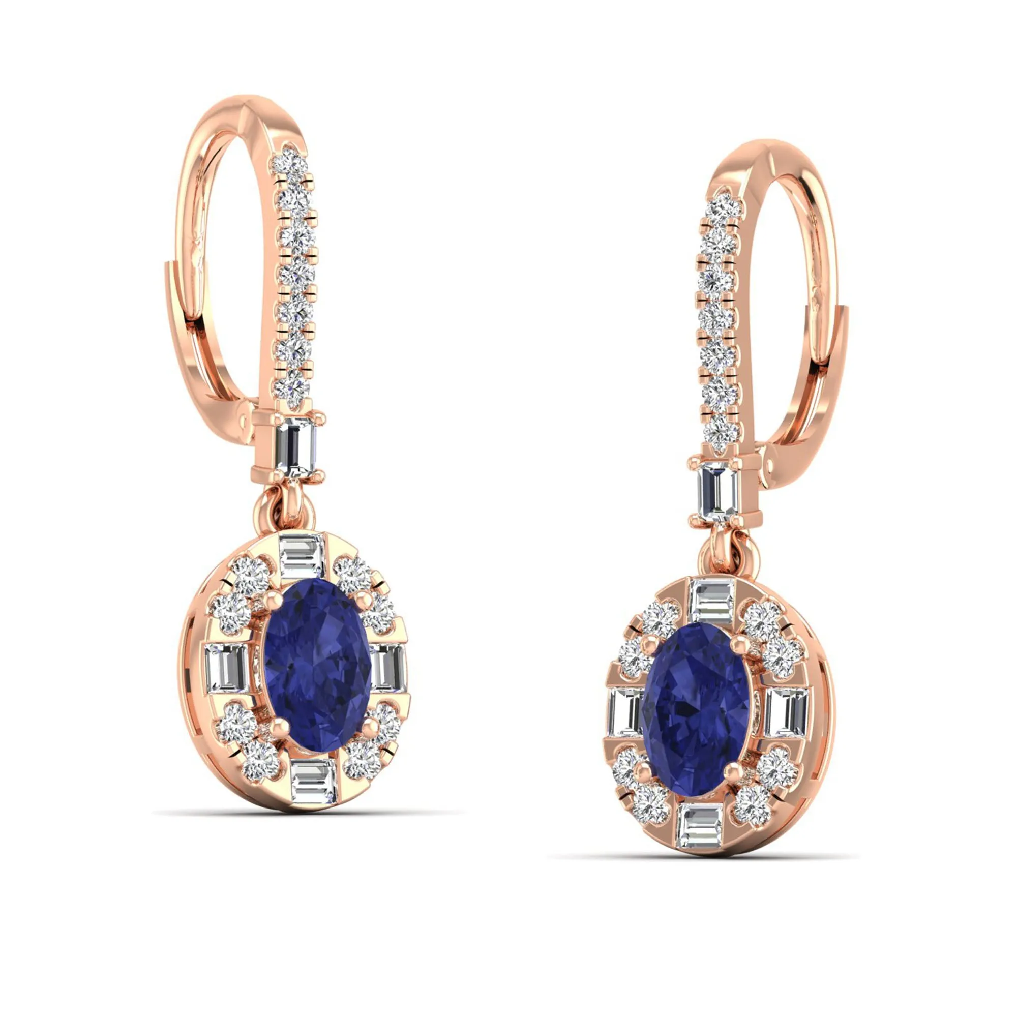 Oval Tanzanite Halo Baguette and Round Diamond Dangle Earrings