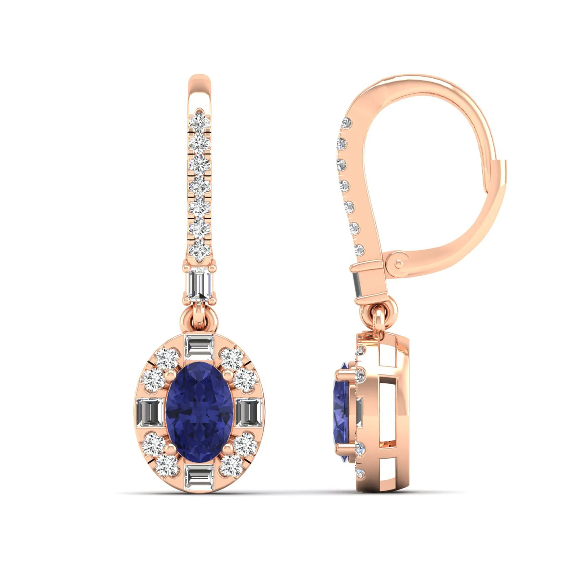 Oval Tanzanite Halo Baguette and Round Diamond Dangle Earrings