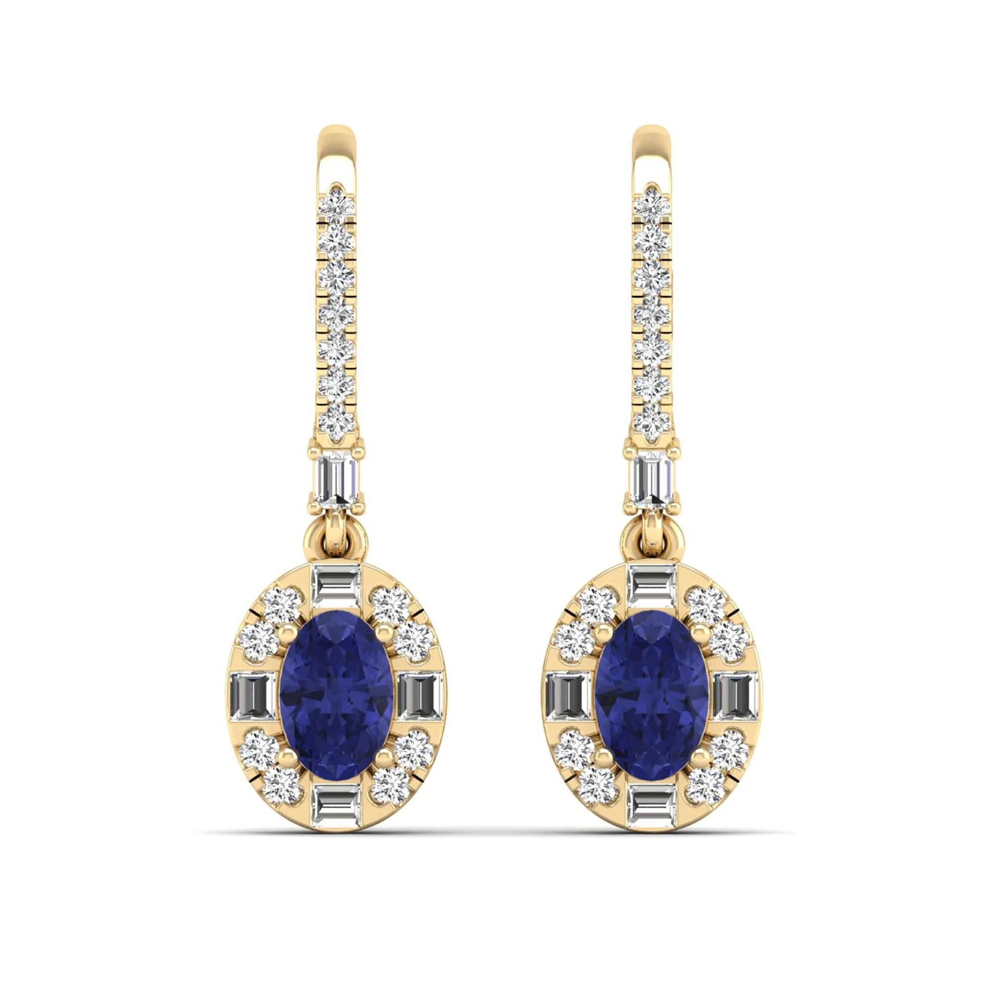 Oval Tanzanite Halo Baguette and Round Diamond Dangle Earrings