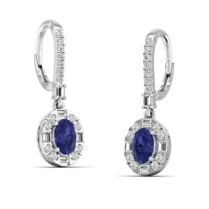 Oval Tanzanite Halo Baguette and Round Diamond Dangle Earrings