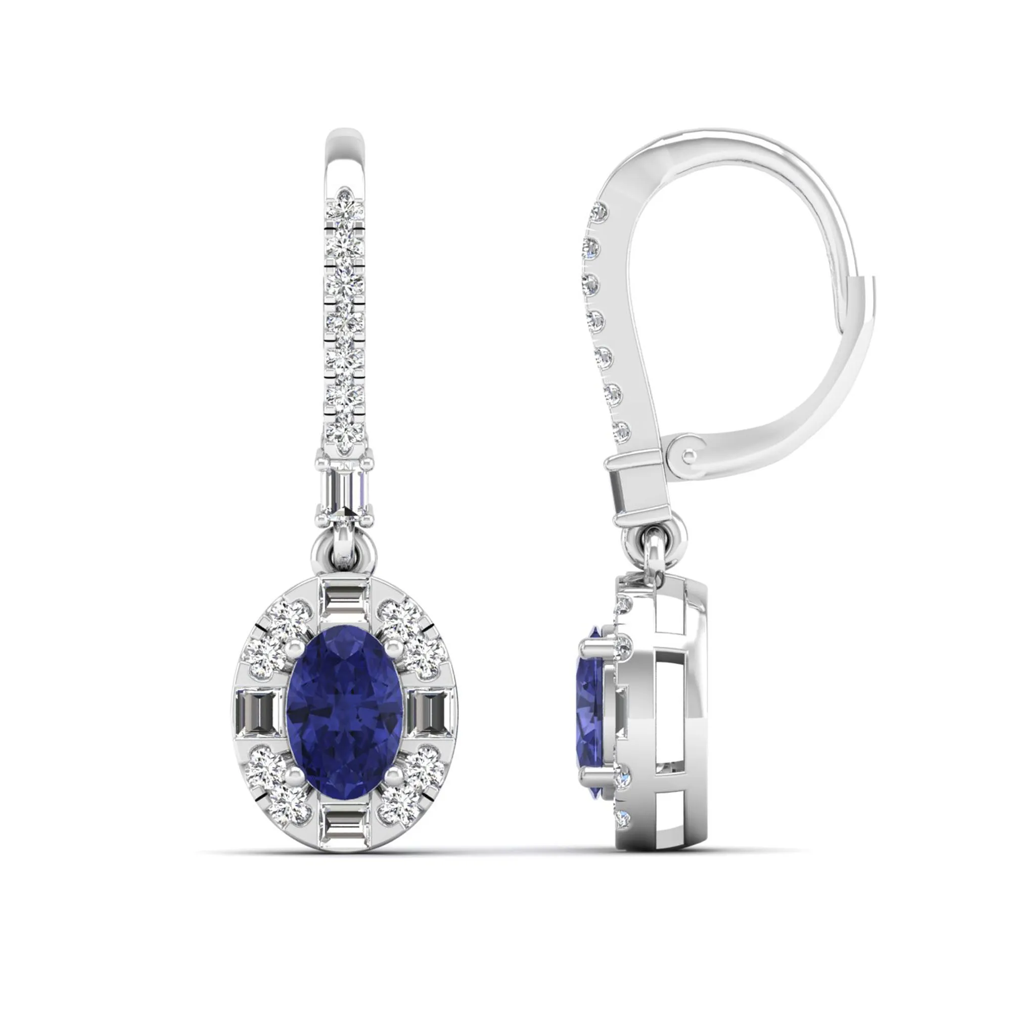 Oval Tanzanite Halo Baguette and Round Diamond Dangle Earrings