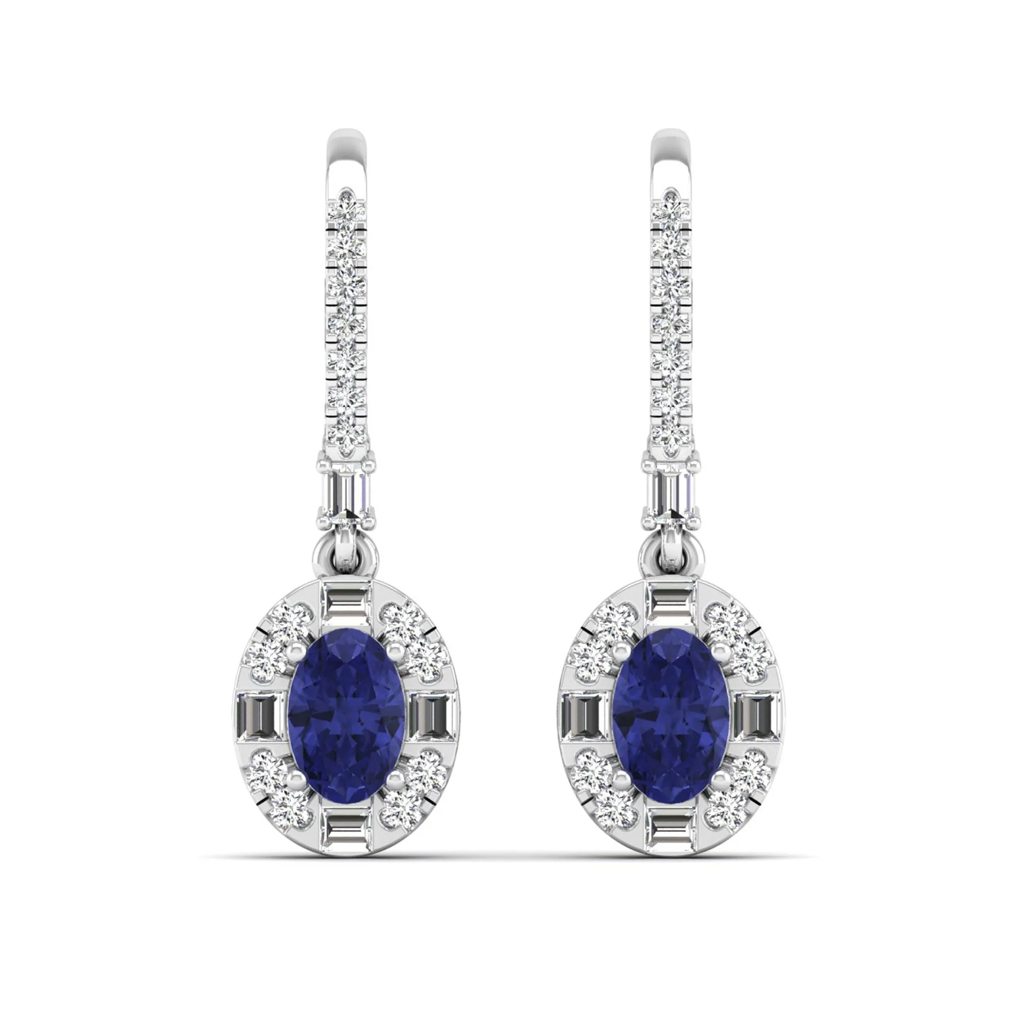 Oval Tanzanite Halo Baguette and Round Diamond Dangle Earrings