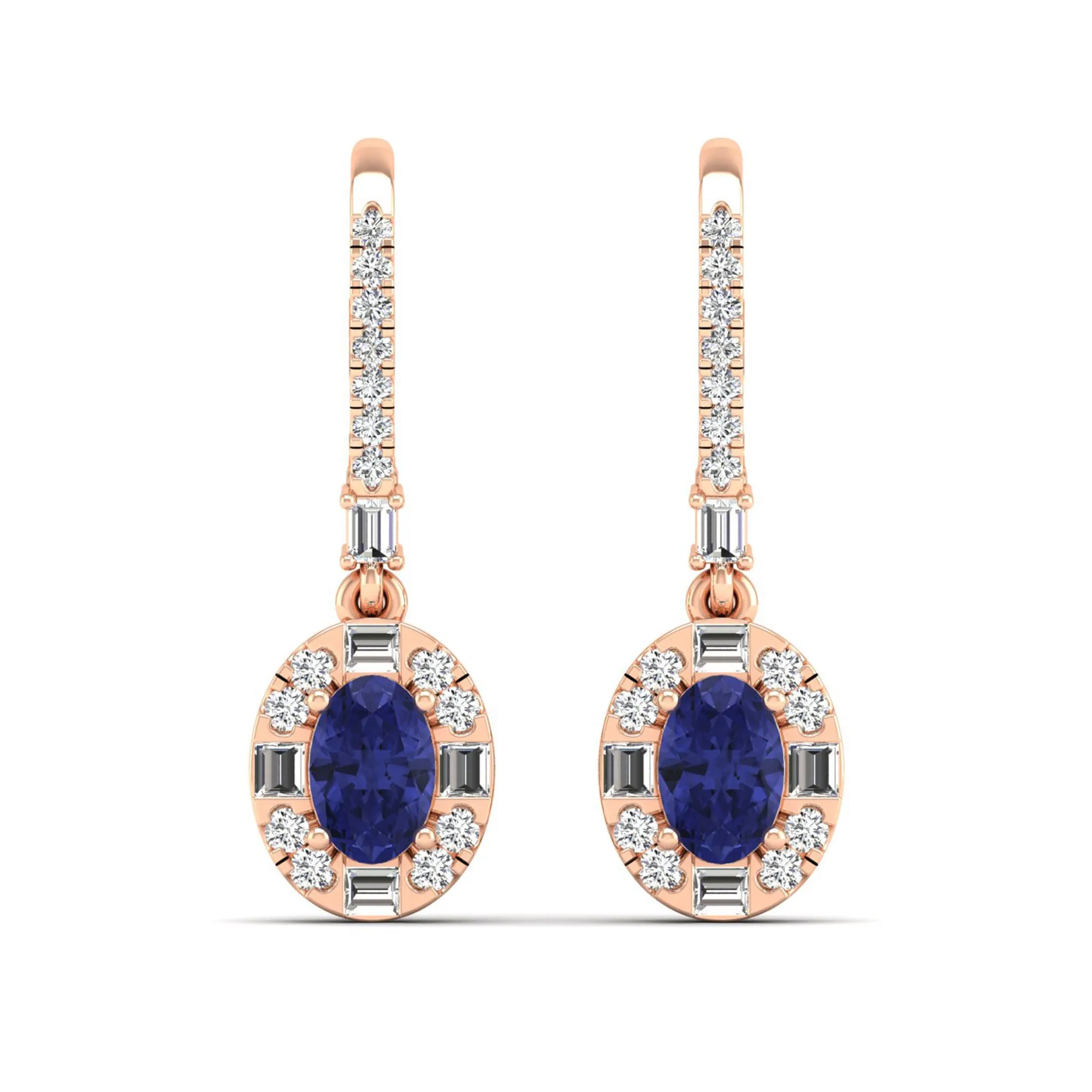 Oval Tanzanite Halo Baguette and Round Diamond Dangle Earrings