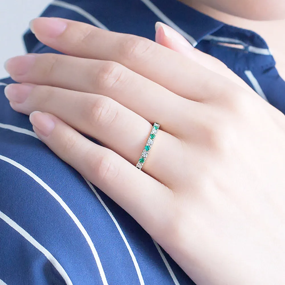 Pave Diamond Emerald Half Eternity Stacking Band