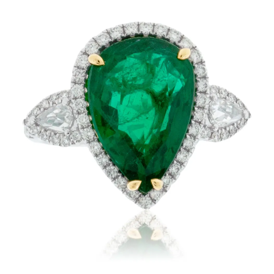 Pear-Shaped Emerald & Diamond Halo Ring