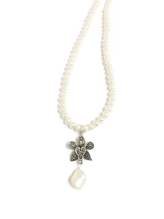 Pearl and Marcasite Necklace - Opera