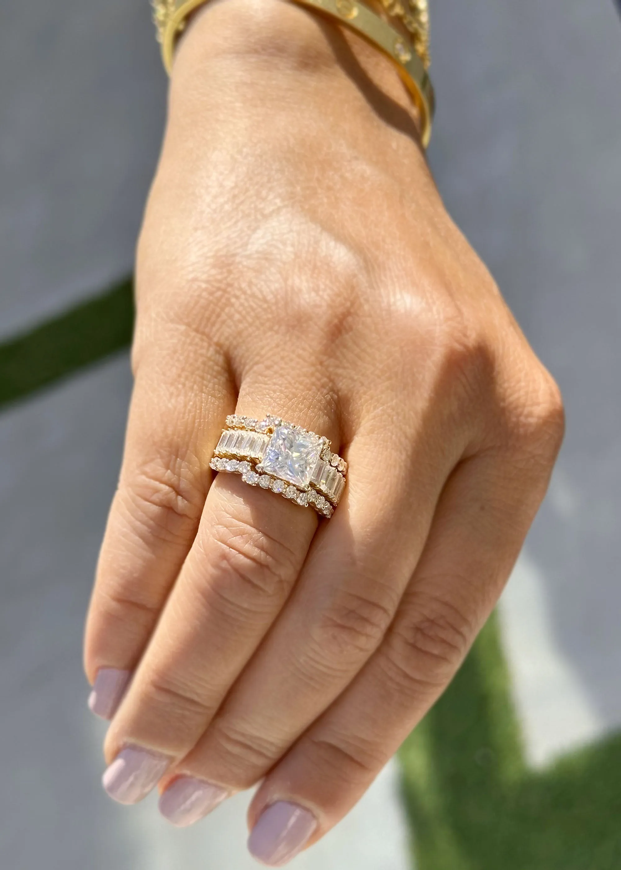 Princess Cut And Emerald Baguettes and Round Cut IGI Certified Engagement Ring And Two Bands 14k Solid Yellow Gold Wedding Bridal Set 5.00ct