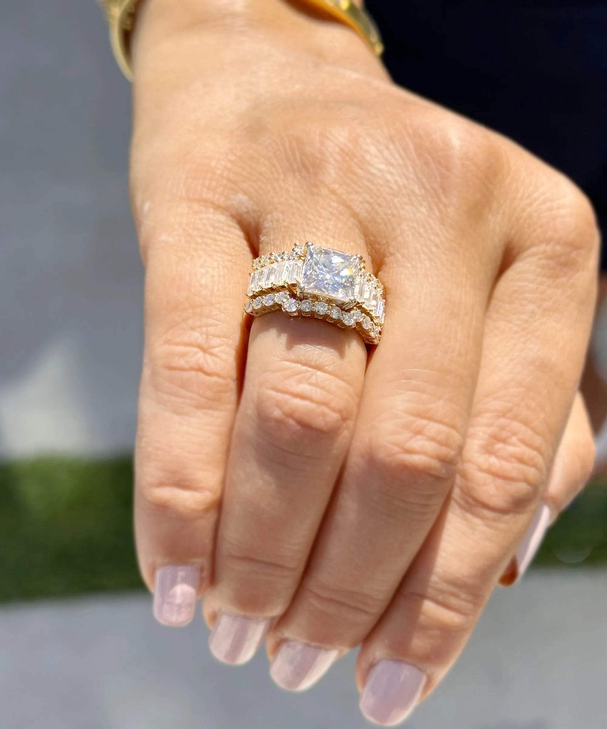 Princess Cut And Emerald Baguettes and Round Cut IGI Certified Engagement Ring And Two Bands 14k Solid Yellow Gold Wedding Bridal Set 5.00ct