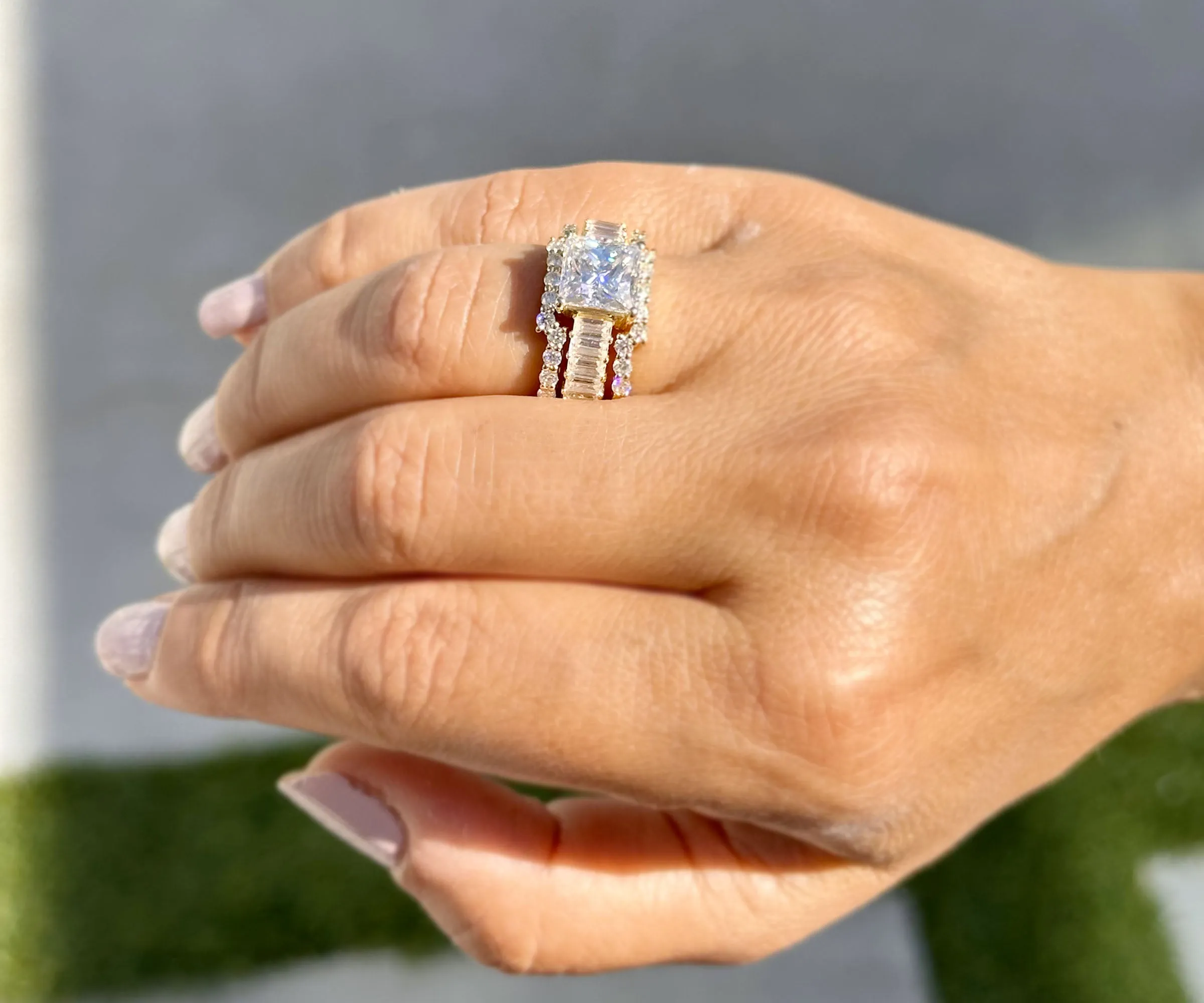 Princess Cut And Emerald Baguettes and Round Cut IGI Certified Engagement Ring And Two Bands 14k Solid Yellow Gold Wedding Bridal Set 5.00ct