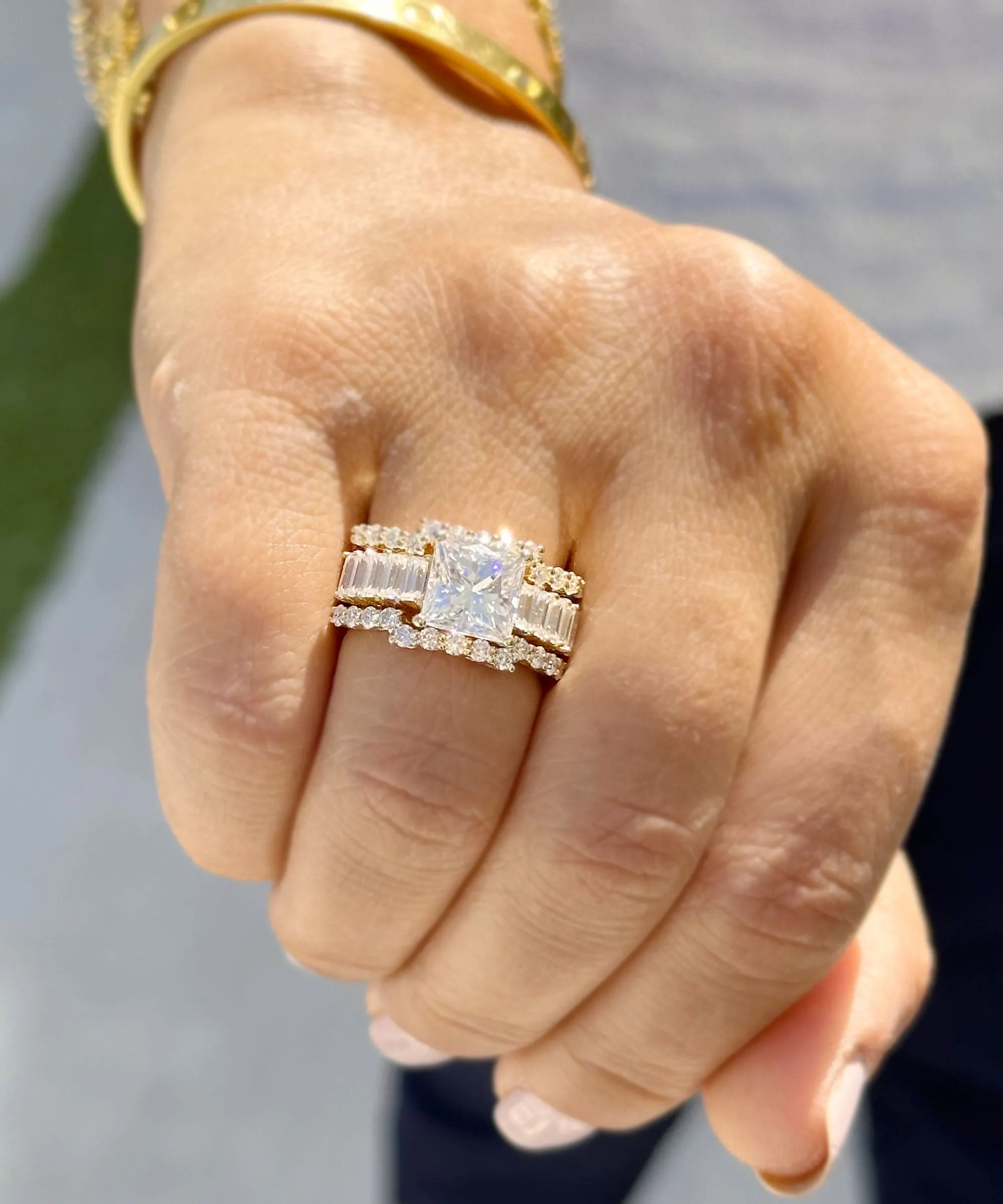 Princess Cut And Emerald Baguettes and Round Cut IGI Certified Engagement Ring And Two Bands 14k Solid Yellow Gold Wedding Bridal Set 5.00ct