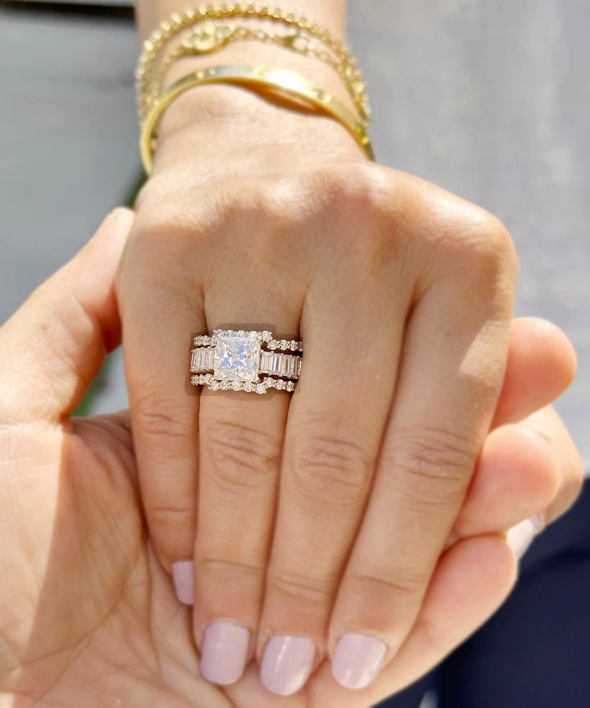Princess Cut And Emerald Baguettes and Round Cut IGI Certified Engagement Ring And Two Bands 14k Solid Yellow Gold Wedding Bridal Set 5.00ct