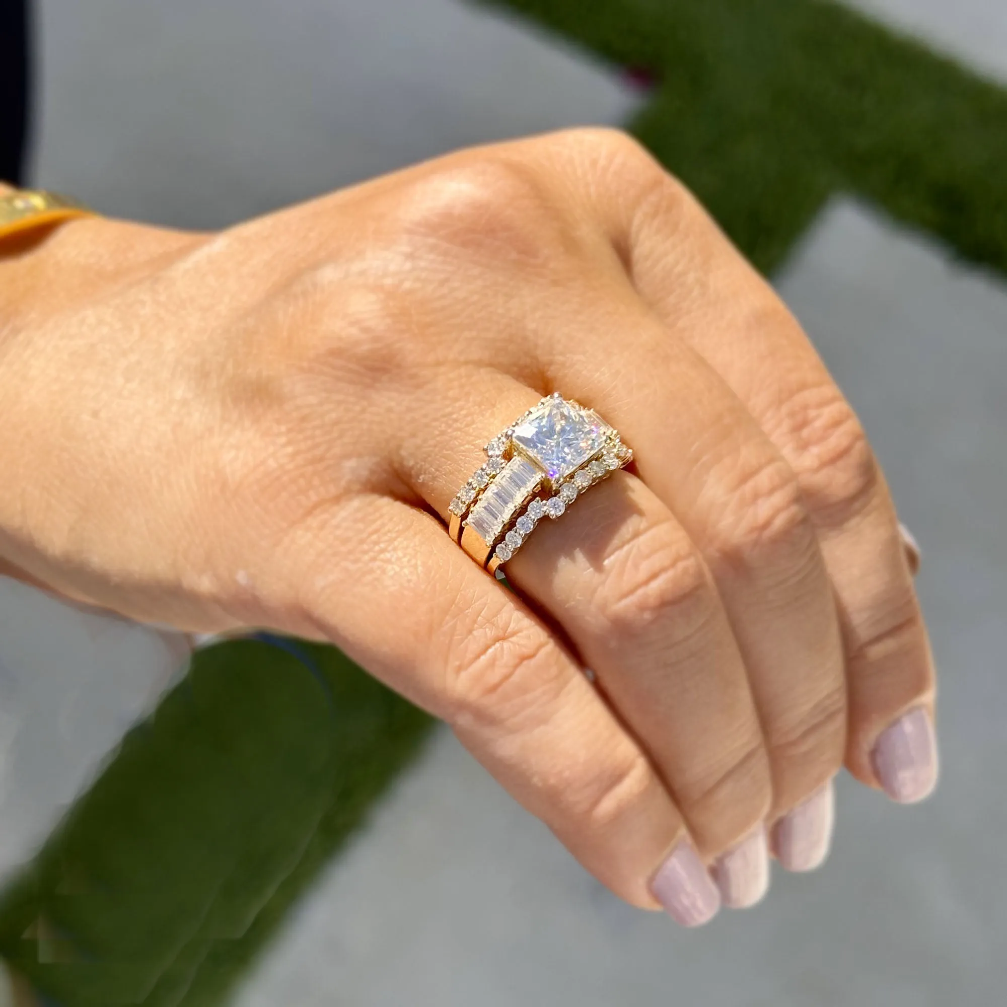 Princess Cut And Emerald Baguettes and Round Cut IGI Certified Engagement Ring And Two Bands 14k Solid Yellow Gold Wedding Bridal Set 5.00ct