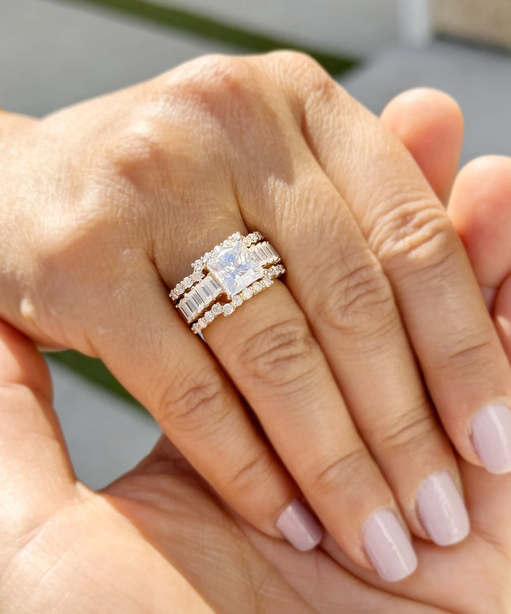 Princess Cut And Emerald Baguettes and Round Cut IGI Certified Engagement Ring And Two Bands 14k Solid Yellow Gold Wedding Bridal Set 5.00ct