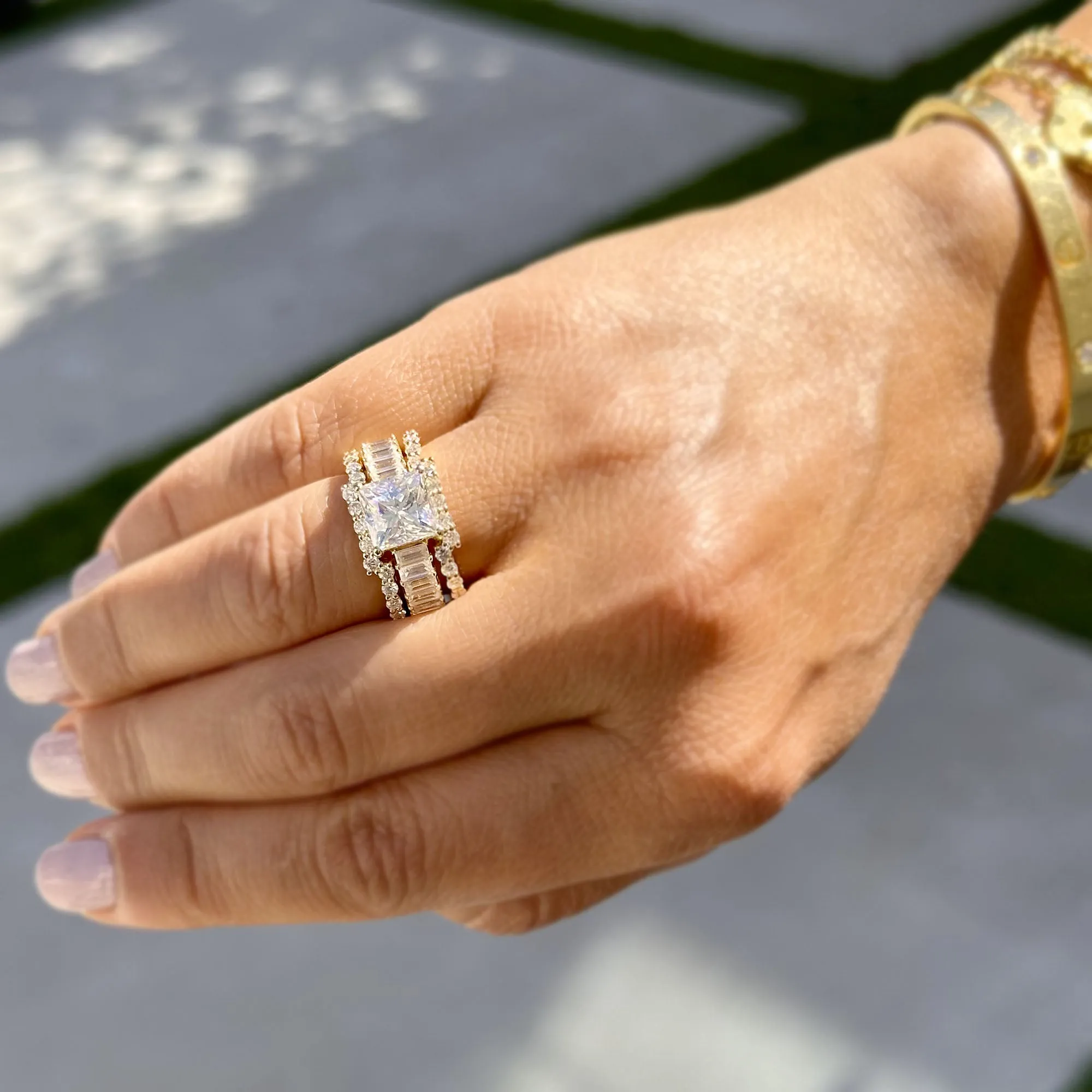 Princess Cut And Emerald Baguettes and Round Cut IGI Certified Engagement Ring And Two Bands 14k Solid Yellow Gold Wedding Bridal Set 5.00ct