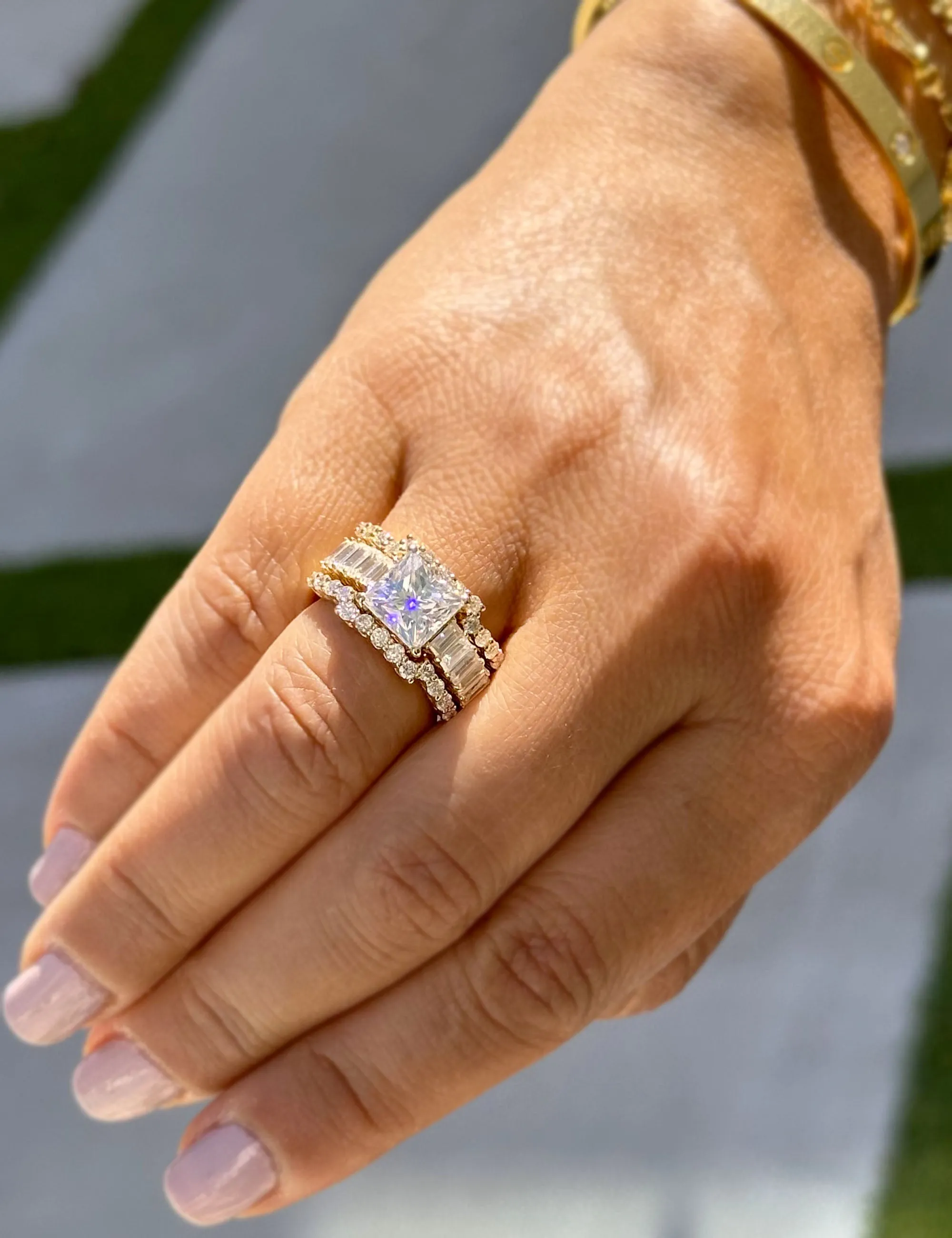 Princess Cut And Emerald Baguettes and Round Cut IGI Certified Engagement Ring And Two Bands 14k Solid Yellow Gold Wedding Bridal Set 5.00ct