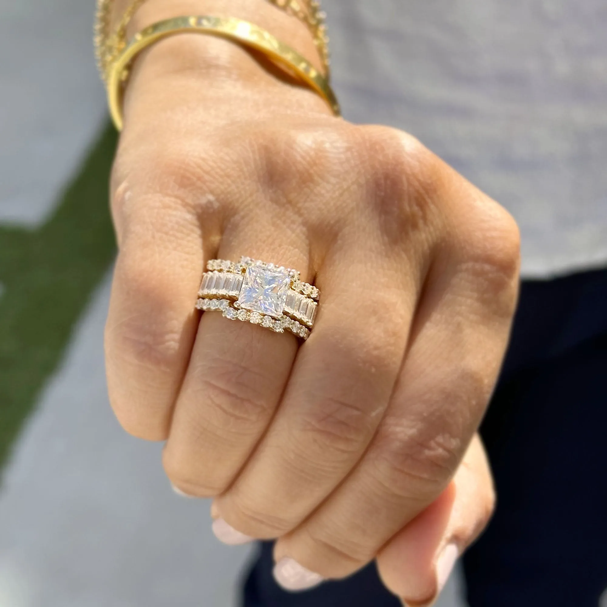 Princess Cut And Emerald Baguettes and Round Cut IGI Certified Engagement Ring And Two Bands 14k Solid Yellow Gold Wedding Bridal Set 5.00ct