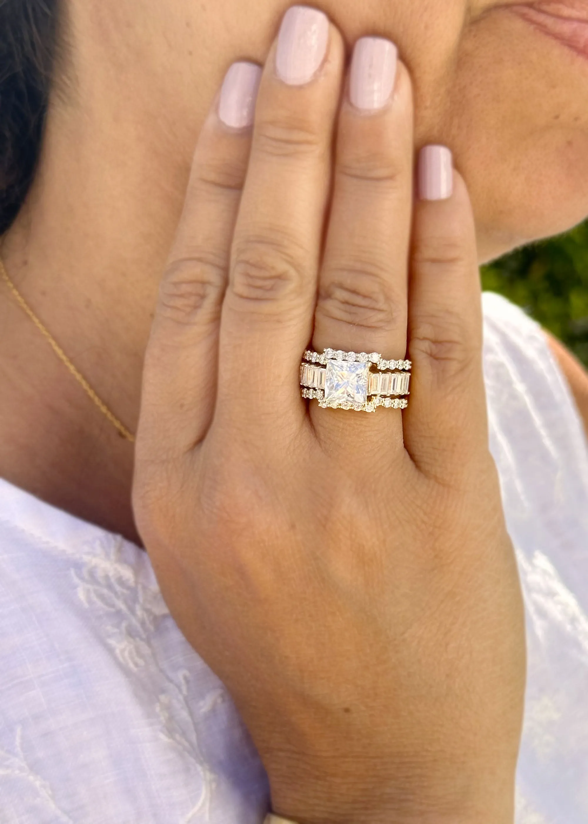 Princess Cut And Emerald Baguettes and Round Cut IGI Certified Engagement Ring And Two Bands 14k Solid Yellow Gold Wedding Bridal Set 5.00ct