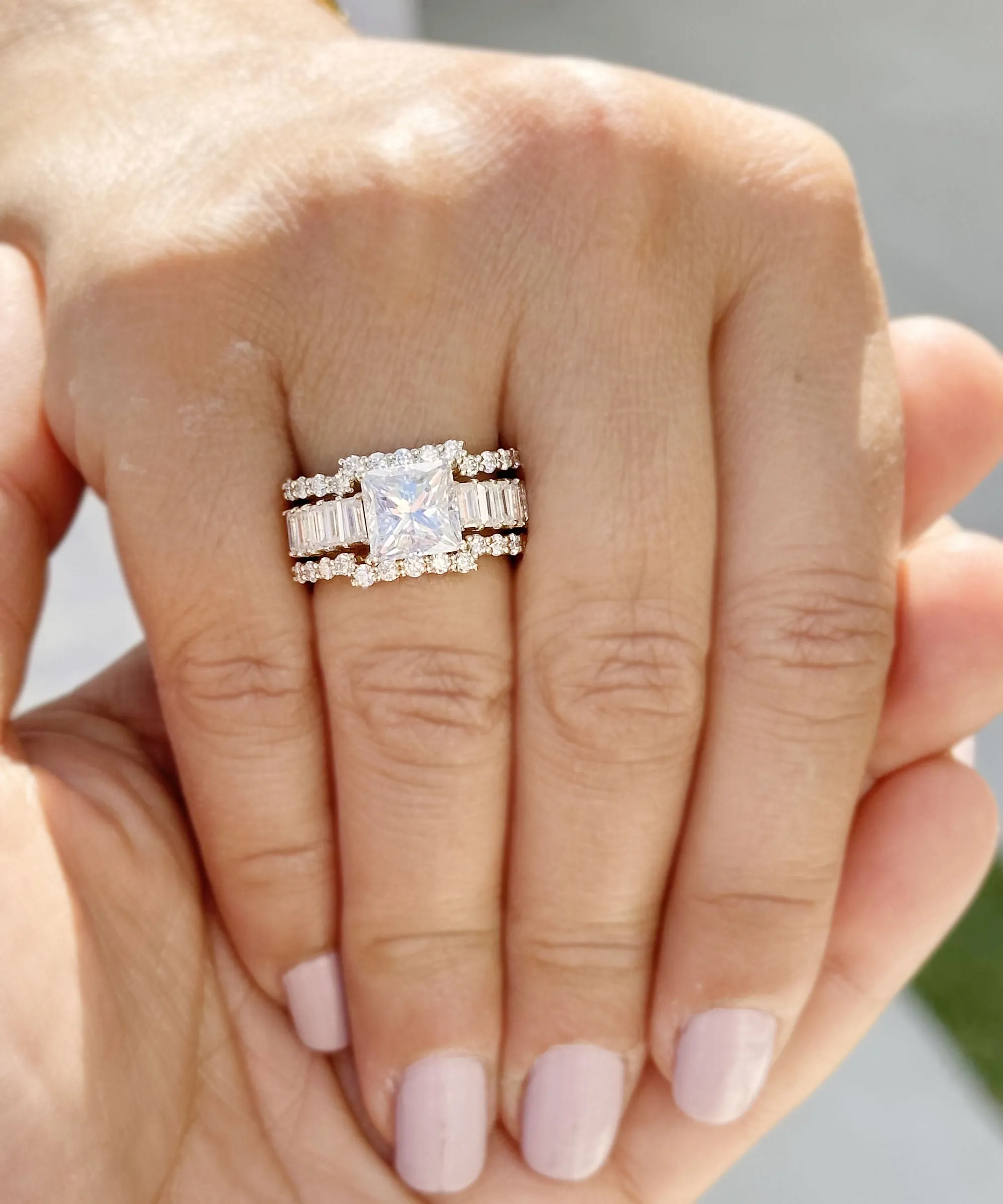 Princess Cut And Emerald Baguettes and Round Cut IGI Certified Engagement Ring And Two Bands 14k Solid Yellow Gold Wedding Bridal Set 5.00ct