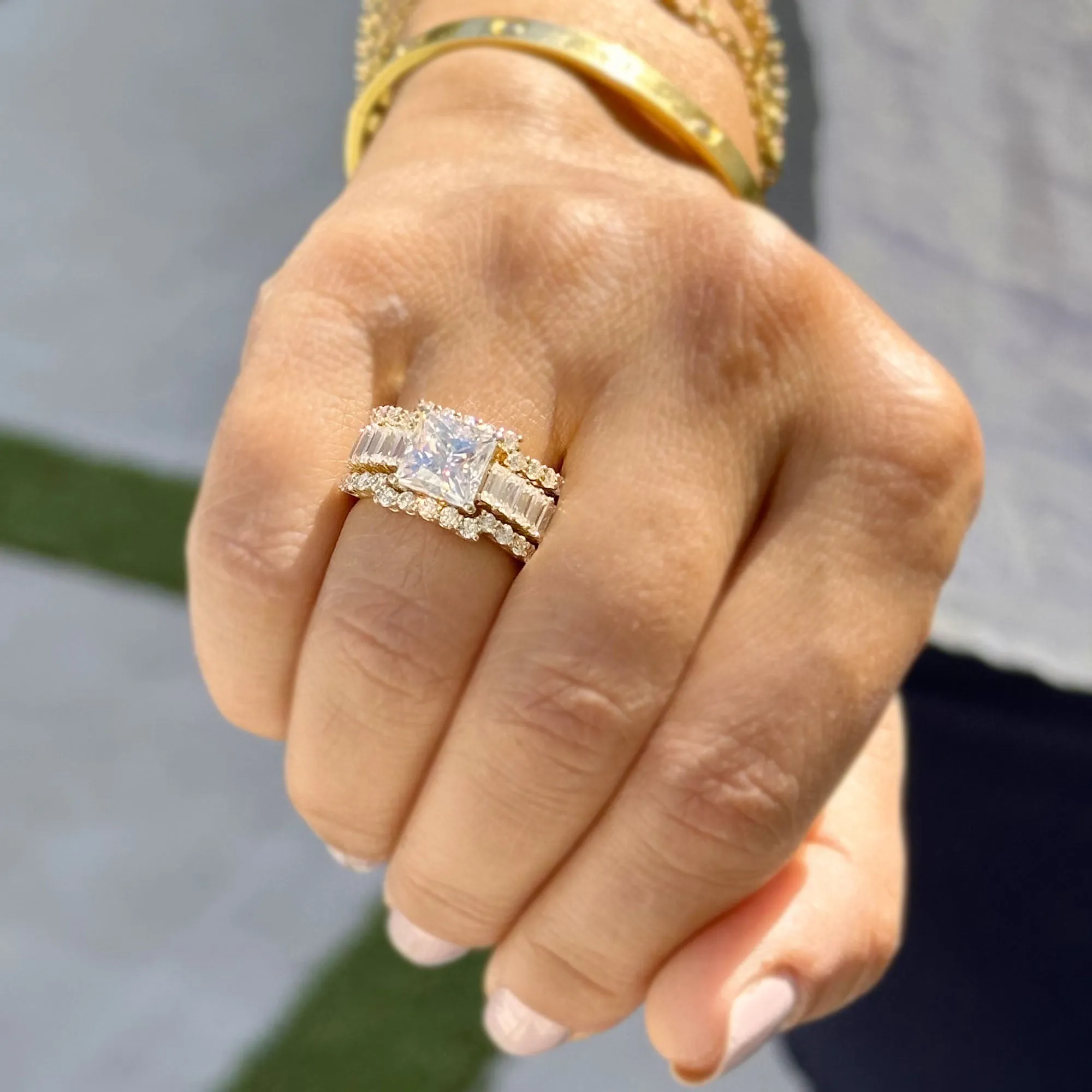 Princess Cut And Emerald Baguettes and Round Cut IGI Certified Engagement Ring And Two Bands 14k Solid Yellow Gold Wedding Bridal Set 5.00ct