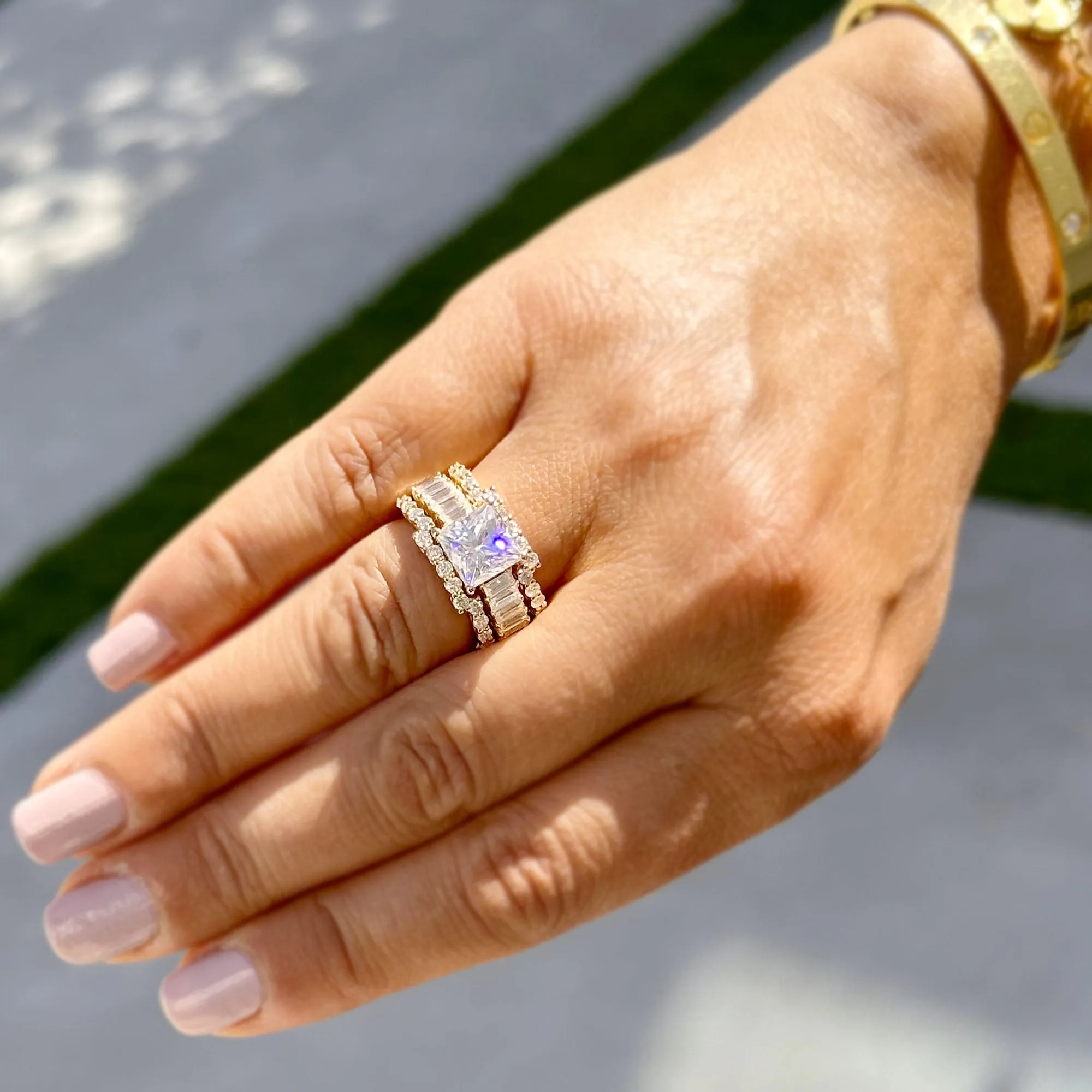 Princess Cut And Emerald Baguettes and Round Cut IGI Certified Engagement Ring And Two Bands 14k Solid Yellow Gold Wedding Bridal Set 5.00ct
