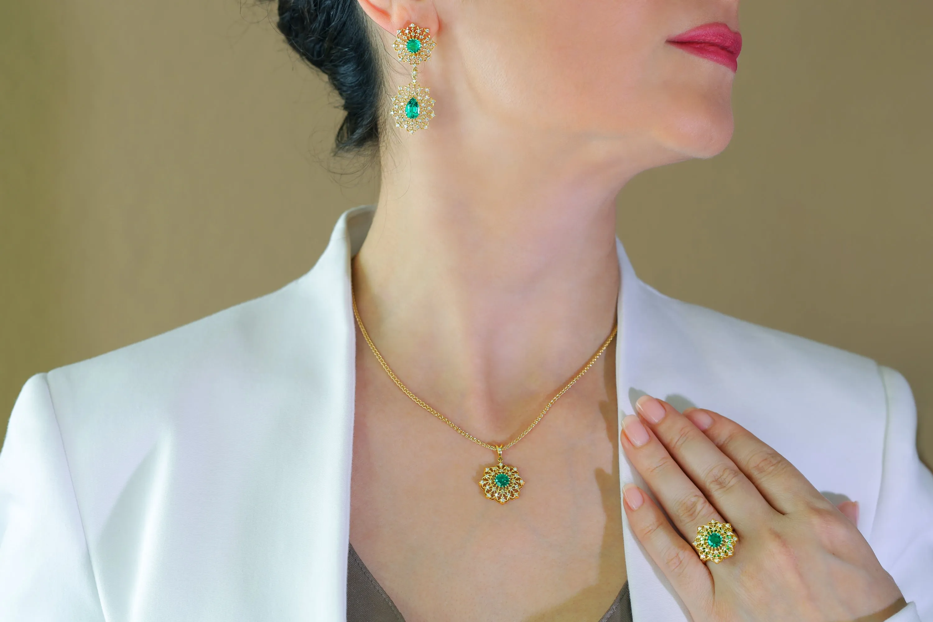 "Diamond Lace" Earrings with Emeralds in 18K Yellow Gold