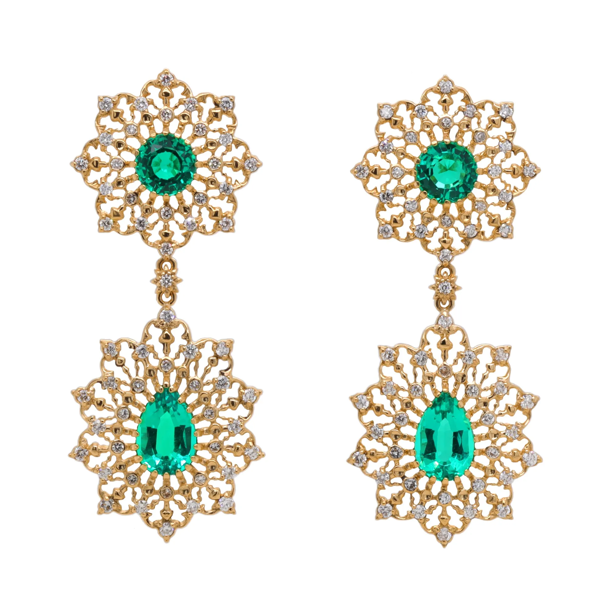 "Diamond Lace" Earrings with Emeralds in 18K Yellow Gold
