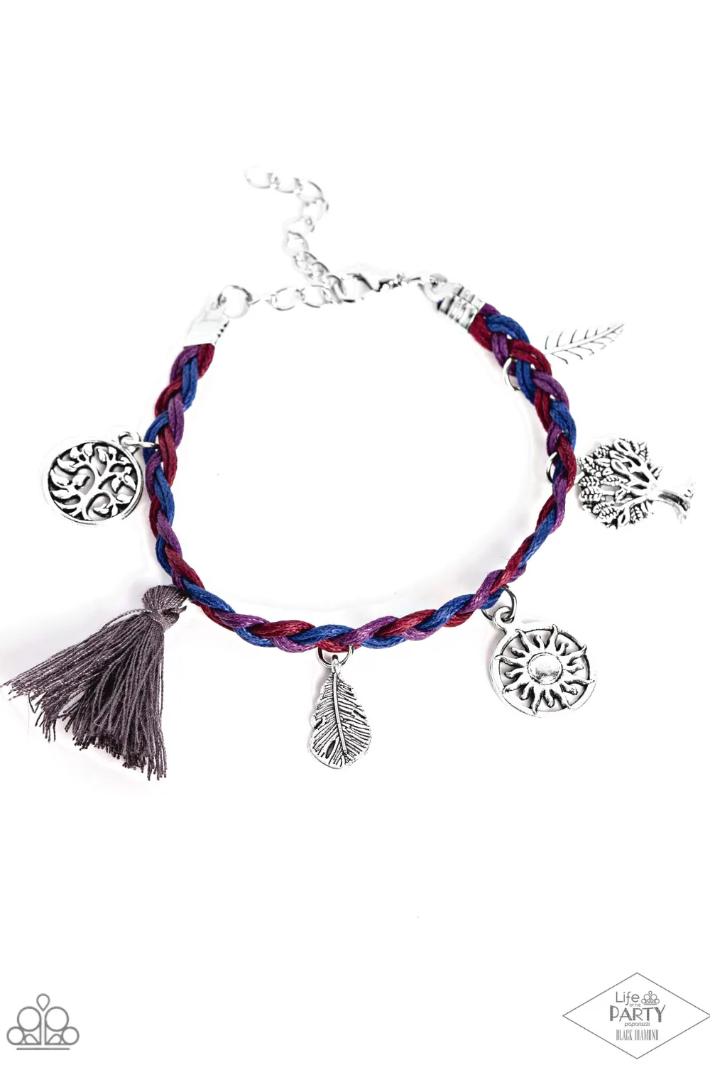"Outdoor Enthusiast" Red, Purple & Blue Braided Thread Silver Charm Bracelet