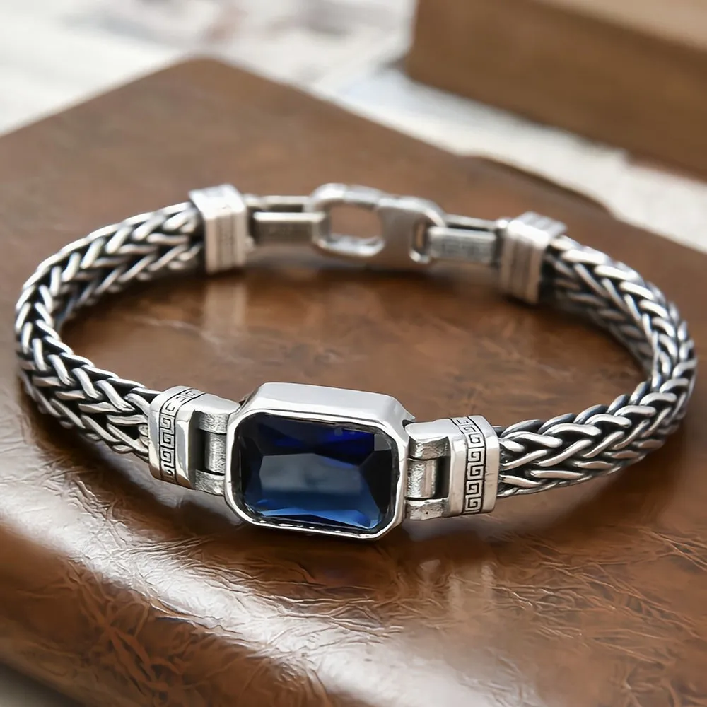 Real Solid 925 Sterling Silver Bracelet Braided Twisted Chain CZ Inlay Fashion Punk Jewelry 7.9"