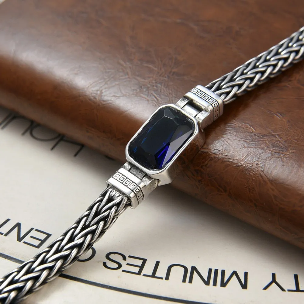 Real Solid 925 Sterling Silver Bracelet Braided Twisted Chain CZ Inlay Fashion Punk Jewelry 7.9"