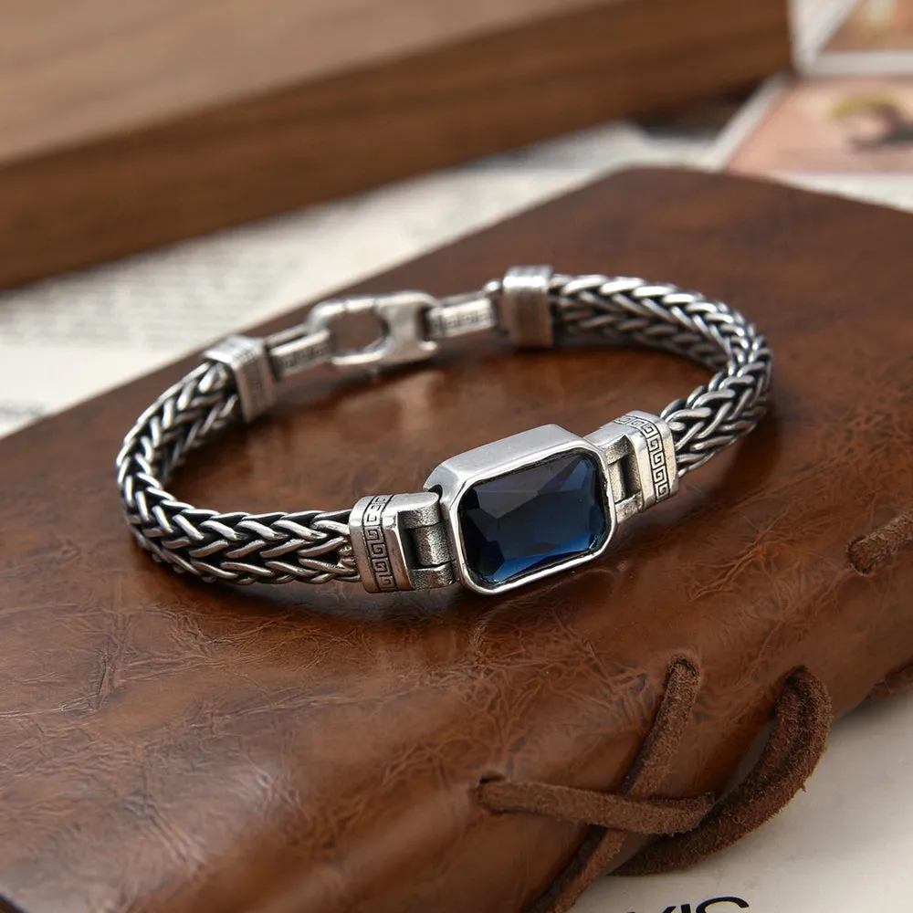 Real Solid 925 Sterling Silver Bracelet Braided Twisted Chain CZ Inlay Fashion Punk Jewelry 7.9"