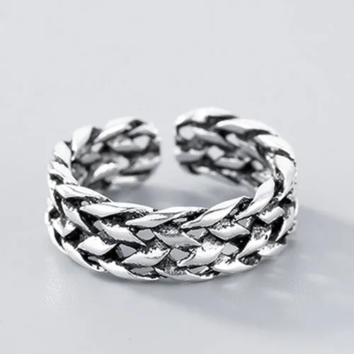 Real Solid 925 Sterling Silver Ring Braided Fashion Punk Jewelry Adjustable 8-11