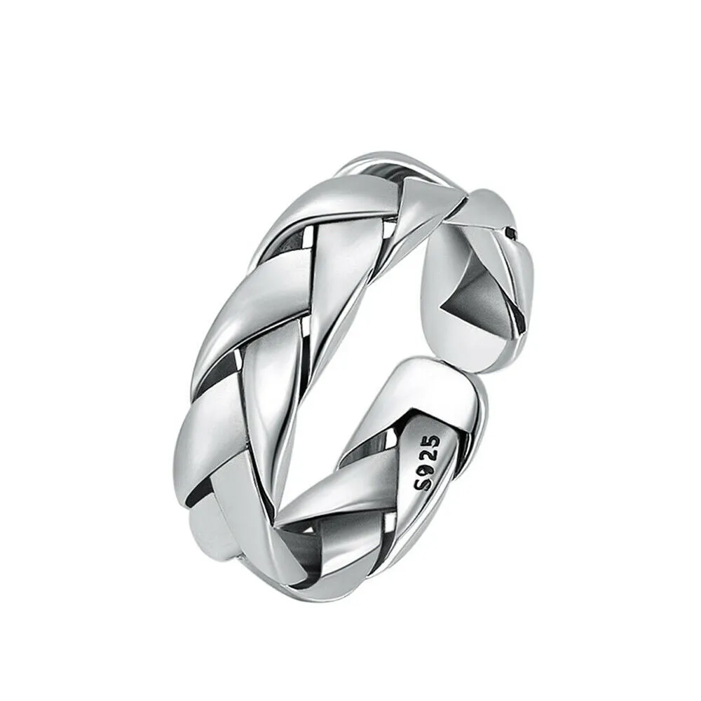 Real Solid 925 Sterling Silver Rings Braided Twist Fashion Punk Jewelry Open Size 5-7