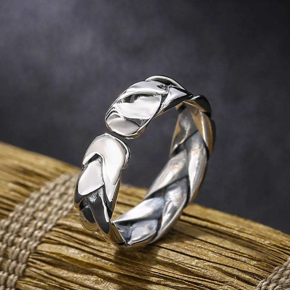 Real Solid 925 Sterling Silver Rings Braided Twist Fashion Punk Jewelry Open Size 5-7