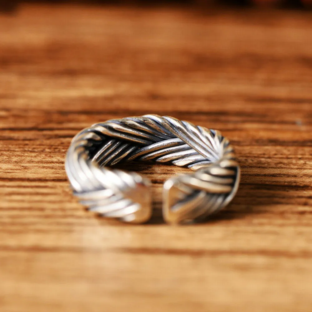Real Solid 925 Sterling Silver Rings Braided Twisted Fashion Punk Jewelry Open Size 8-11