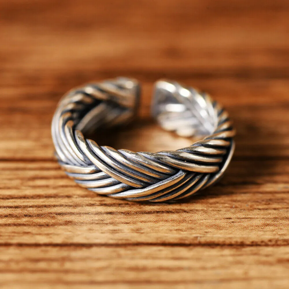Real Solid 925 Sterling Silver Rings Braided Twisted Fashion Punk Jewelry Open Size 8-11