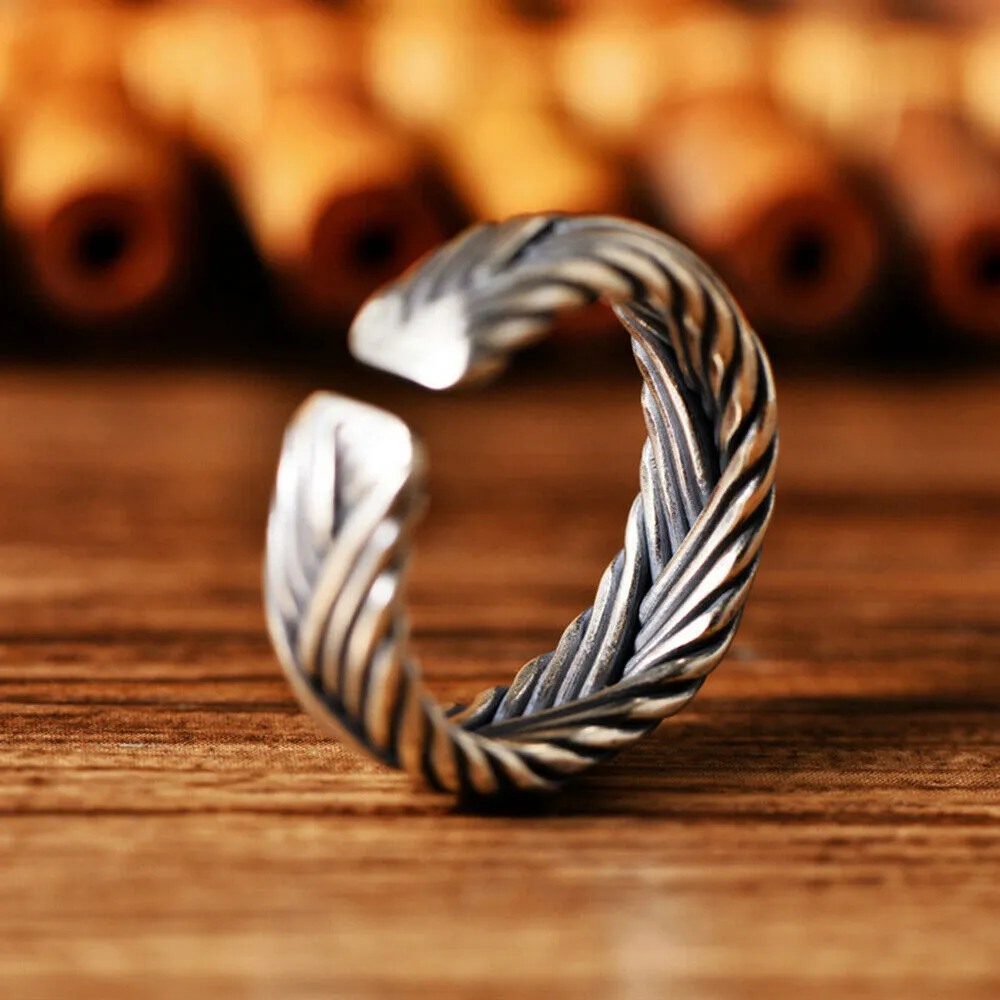 Real Solid 925 Sterling Silver Rings Braided Twisted Fashion Punk Jewelry Open Size 8-11