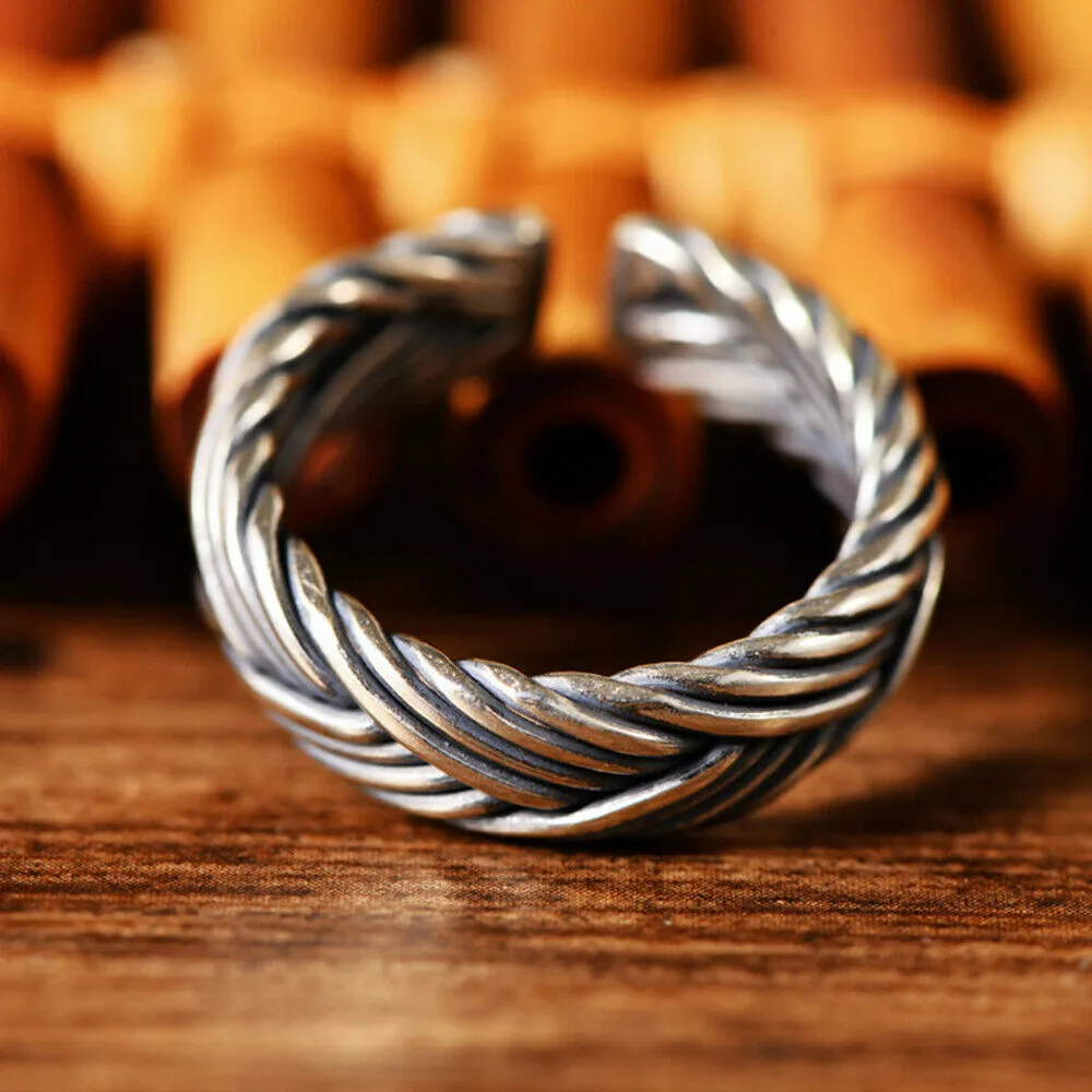Real Solid 925 Sterling Silver Rings Braided Twisted Fashion Punk Jewelry Open Size 8-11