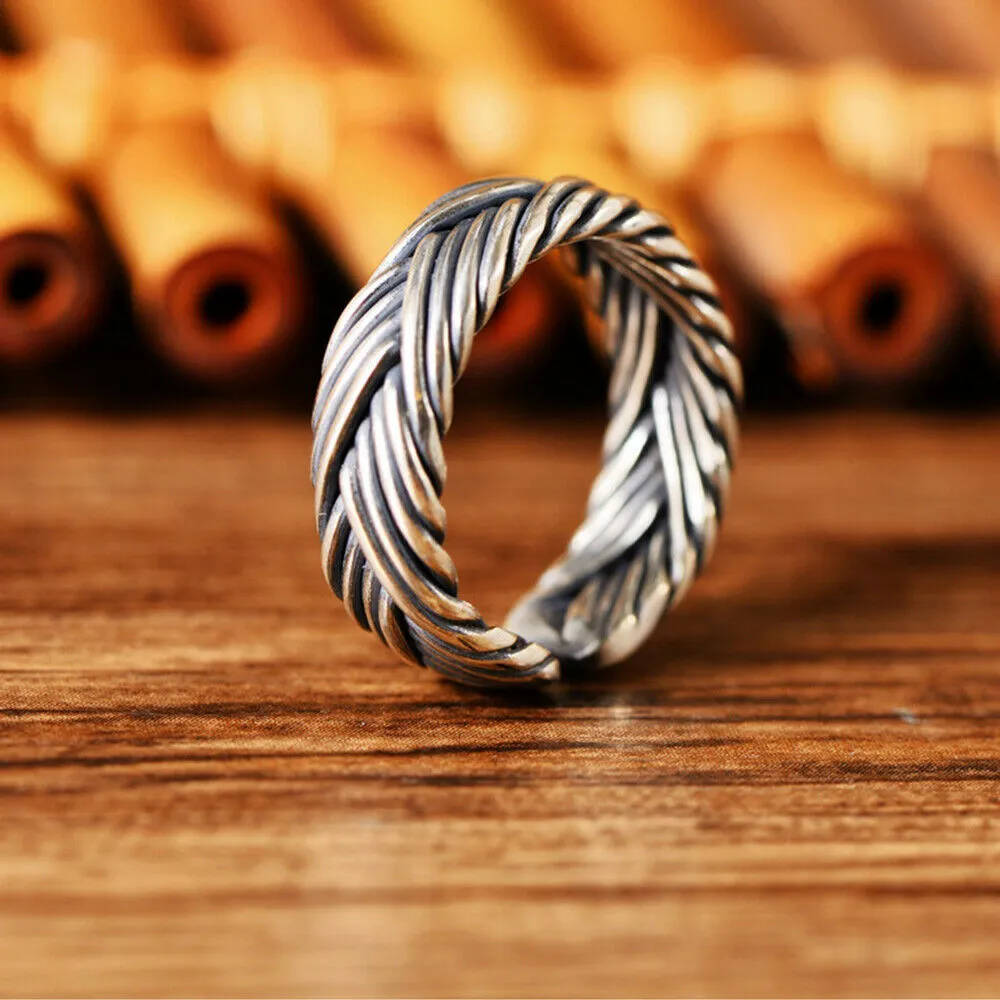 Real Solid 925 Sterling Silver Rings Braided Twisted Fashion Punk Jewelry Open Size 8-11