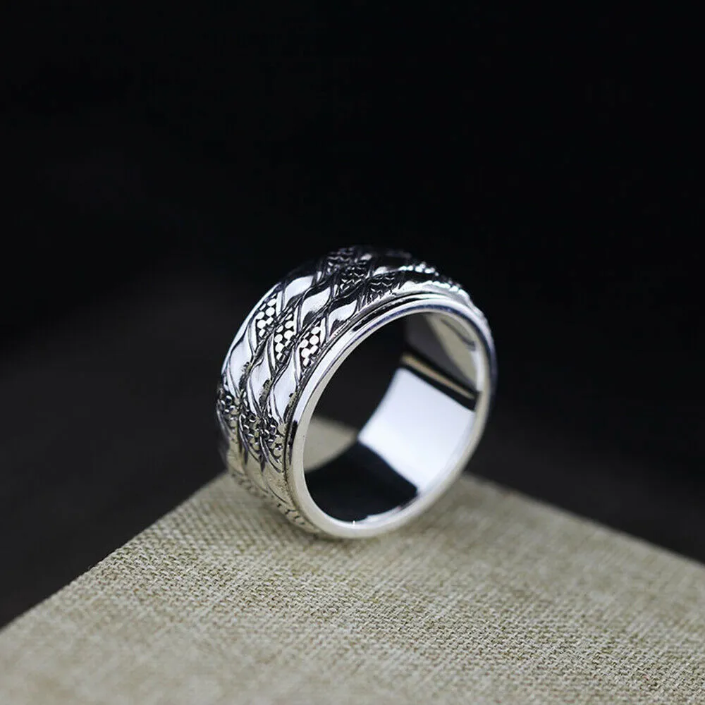 Real Solid 925 Sterling Silver Rings Rotation Braided Twist Fashion Punk Jewelry Size 9-10