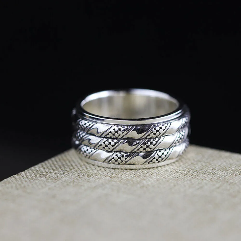 Real Solid 925 Sterling Silver Rings Rotation Braided Twist Fashion Punk Jewelry Size 9-10