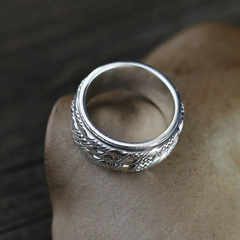 Real Solid 925 Sterling Silver Rings Rotation Braided Twist Fashion Punk Jewelry Size 9-10
