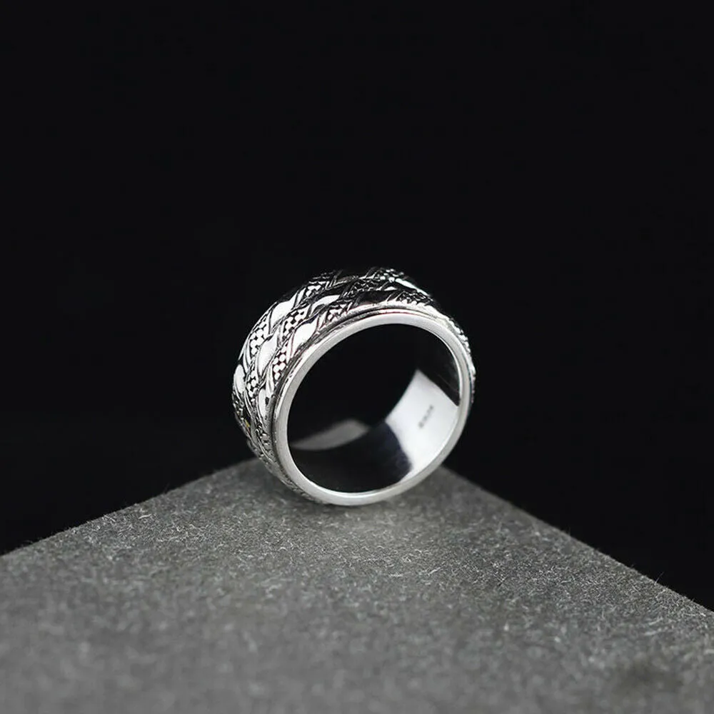 Real Solid 925 Sterling Silver Rings Rotation Braided Twist Fashion Punk Jewelry Size 9-10