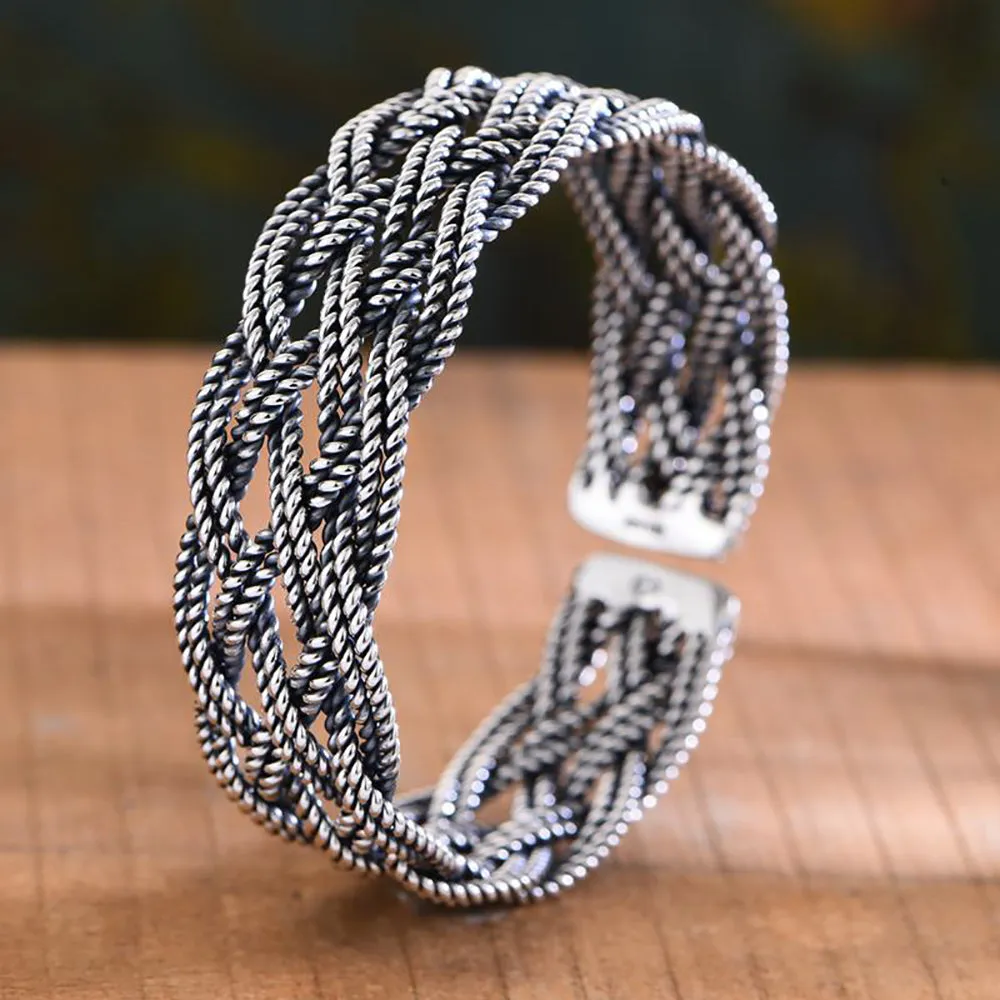 Real Solid 999 Fine Silver Cuff Bracelet Braided Twist Fashion Punk Jewelry Open Bangle