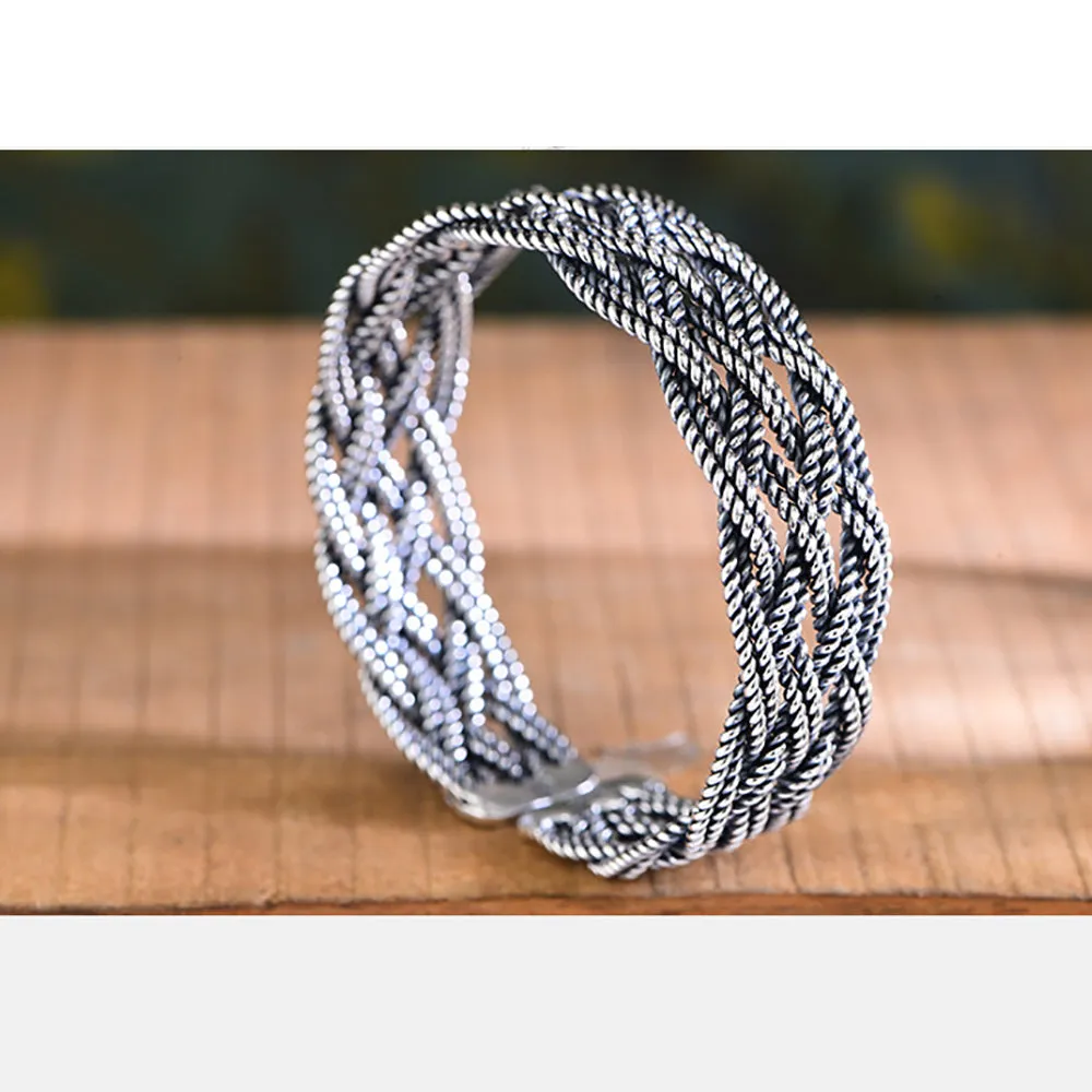 Real Solid 999 Fine Silver Cuff Bracelet Braided Twist Fashion Punk Jewelry Open Bangle