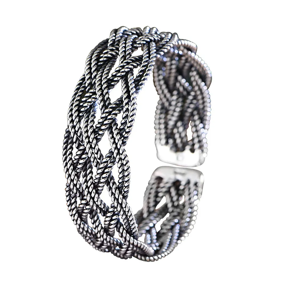 Real Solid 999 Fine Silver Cuff Bracelet Braided Twist Fashion Punk Jewelry Open Bangle